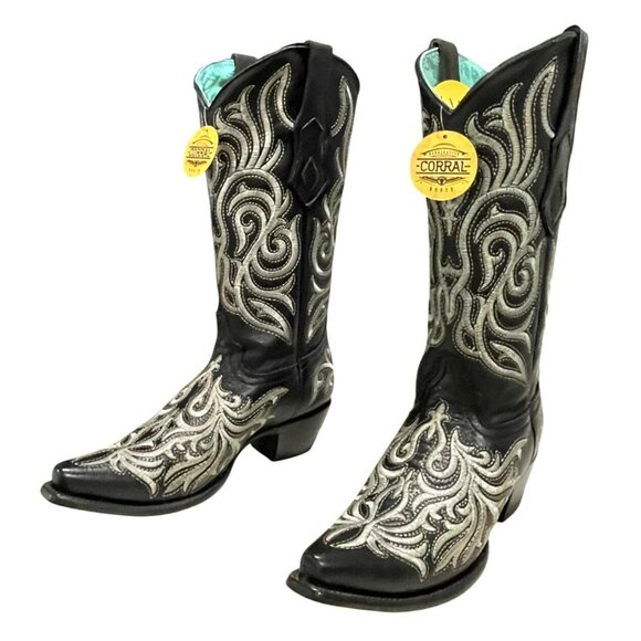 Corral Black Embroidered Leather Pointed Toe Cowboy Boots Western Sz 8 NEW - Picture 3 of 11
